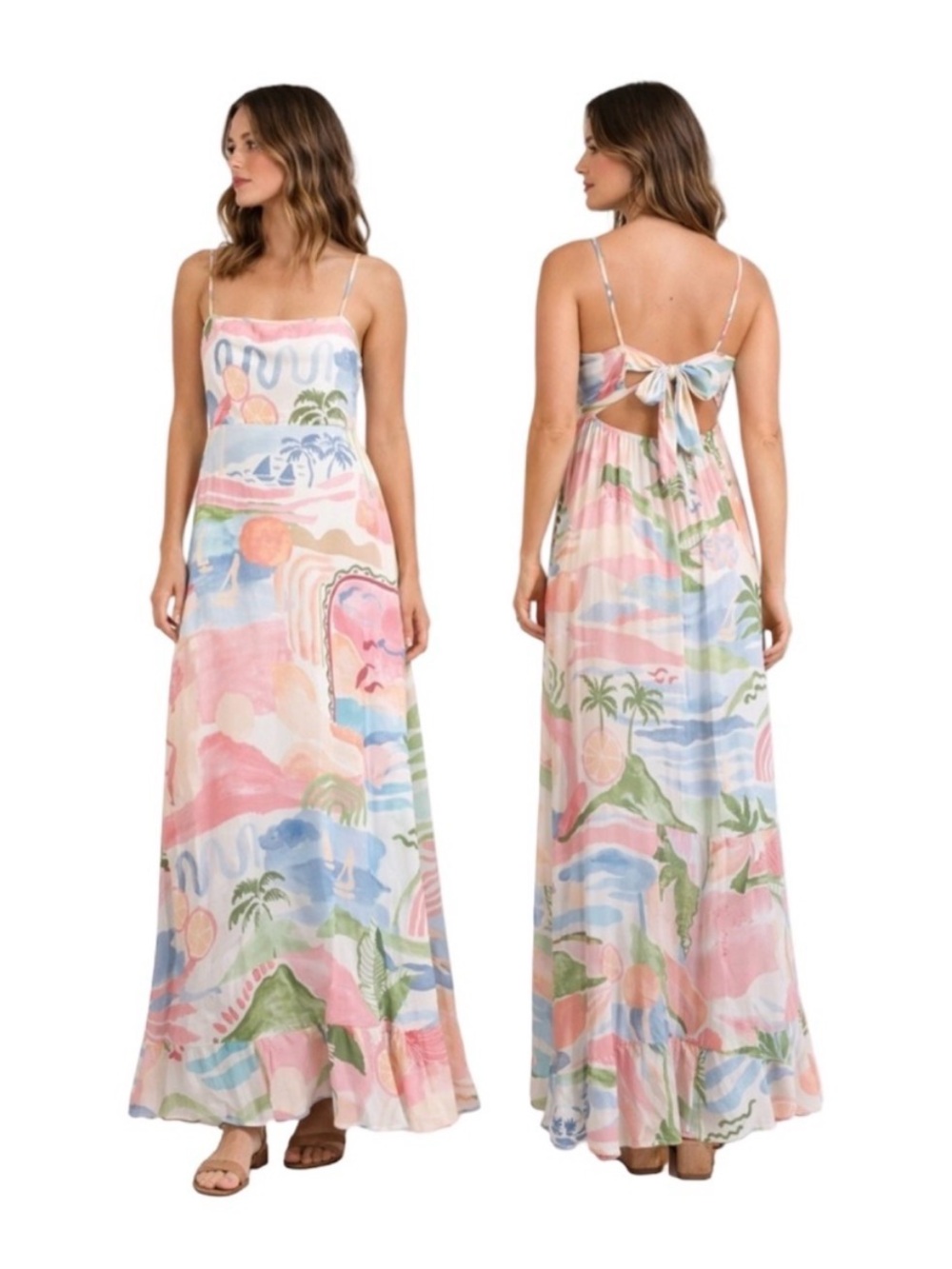 NEW Paper Hearts Pastel Coastal Print Maxi Dress with Back Bow